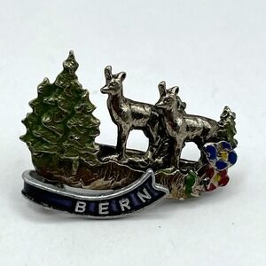 Vintage Silver Bern Switzerland Deer Alpine Enamel Flower Travel Souvenir Brooch